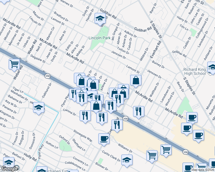 map of restaurants, bars, coffee shops, grocery stores, and more near 4921 Calvin Drive in Corpus Christi