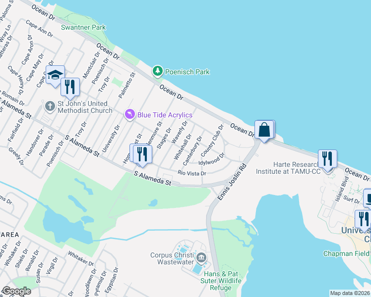 map of restaurants, bars, coffee shops, grocery stores, and more near 341 Whitehall Drive in Corpus Christi