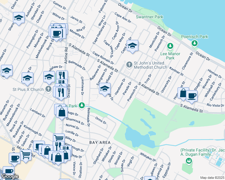 map of restaurants, bars, coffee shops, grocery stores, and more near 541 Greenway Drive in Corpus Christi