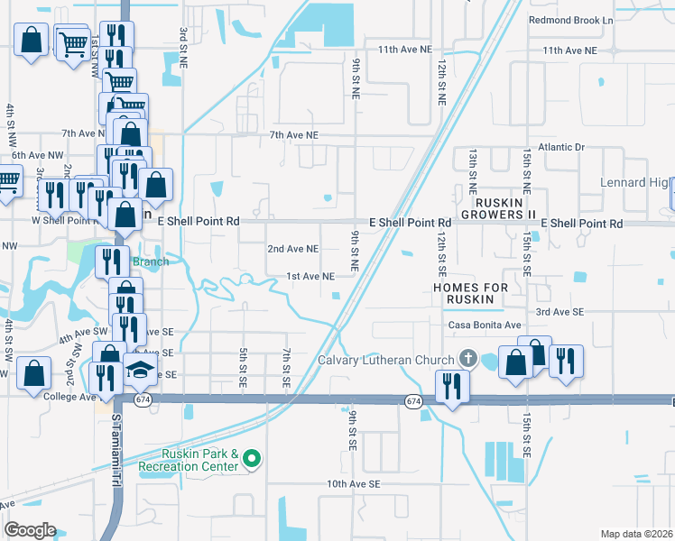 map of restaurants, bars, coffee shops, grocery stores, and more near 808 1st Avenue Northeast in Ruskin