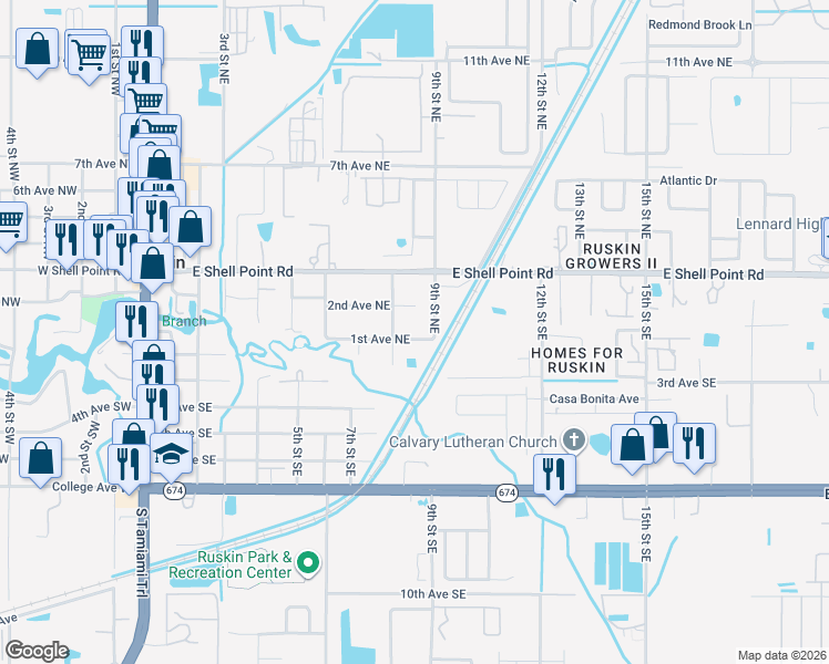 map of restaurants, bars, coffee shops, grocery stores, and more near 808 1st Avenue Northeast in Ruskin