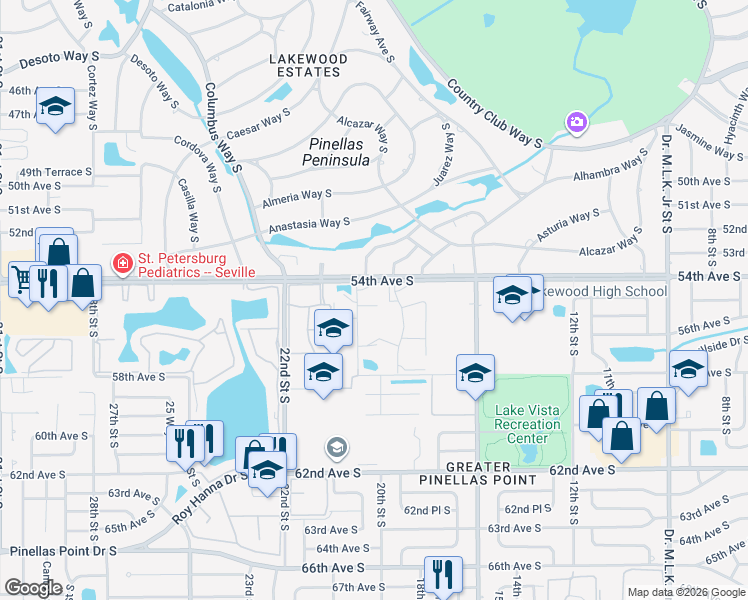 map of restaurants, bars, coffee shops, grocery stores, and more near 1915 55th Avenue South in St. Petersburg
