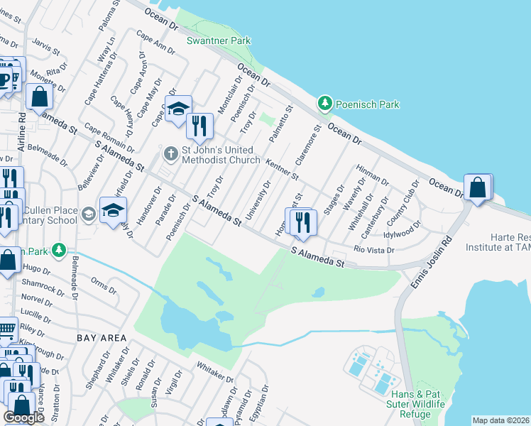 map of restaurants, bars, coffee shops, grocery stores, and more near 462 Claremore Street in Corpus Christi