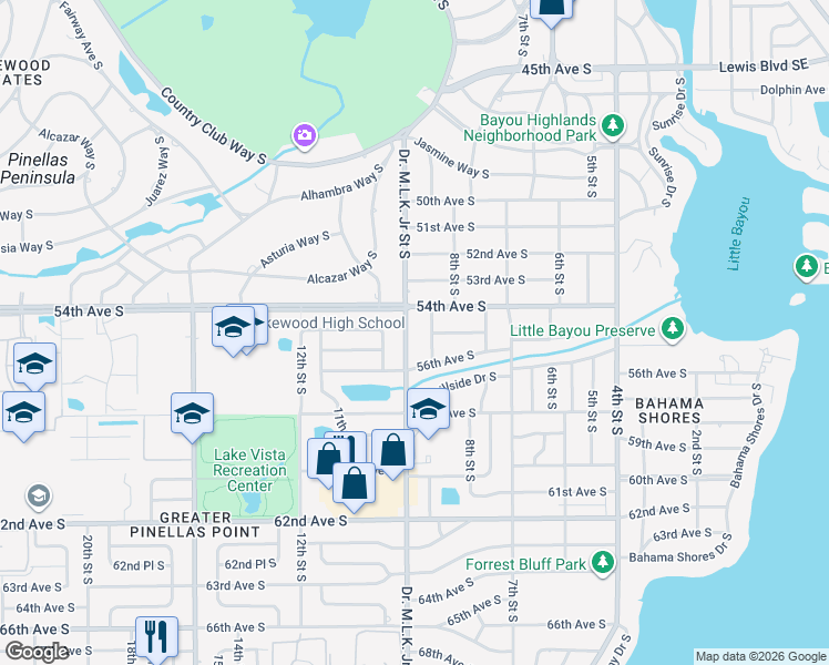 map of restaurants, bars, coffee shops, grocery stores, and more near 5499 Highland Street South in St. Petersburg