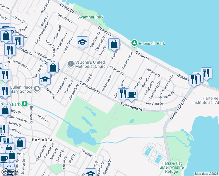 map of restaurants, bars, coffee shops, grocery stores, and more near 462 Claremore Street in Corpus Christi