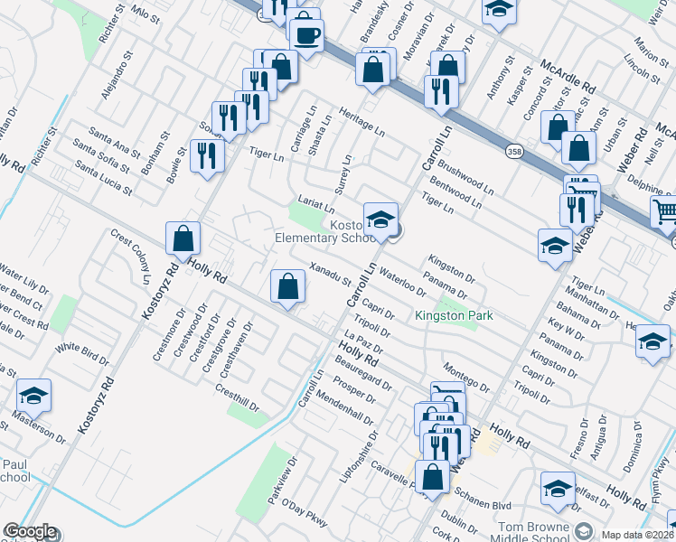 map of restaurants, bars, coffee shops, grocery stores, and more near 3514 Xanadu Street in Corpus Christi