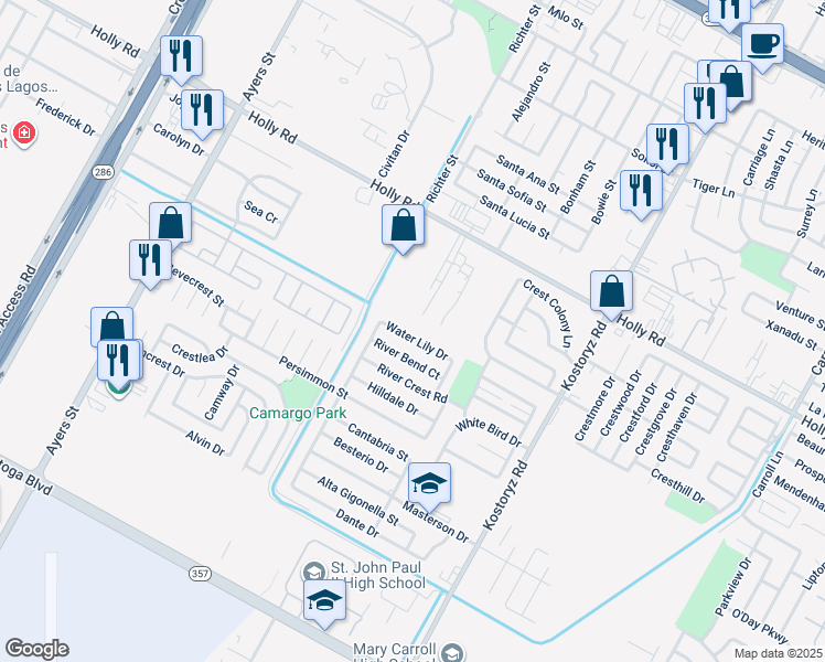 map of restaurants, bars, coffee shops, grocery stores, and more near 2930 Water Lily Drive in Corpus Christi