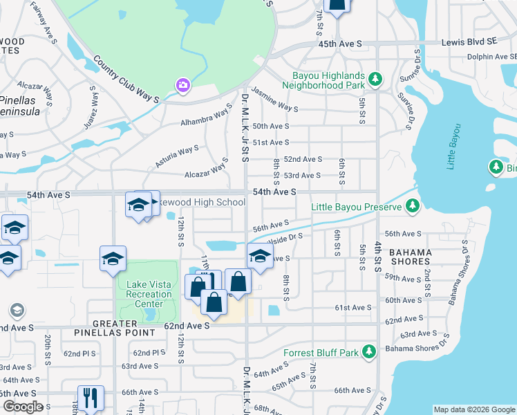 map of restaurants, bars, coffee shops, grocery stores, and more near 5499 Highland Street South in Saint Petersburg