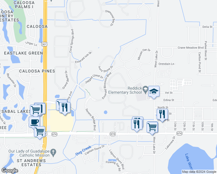 map of restaurants, bars, coffee shops, grocery stores, and more near 16405 Treasure Point Drive in Wimauma