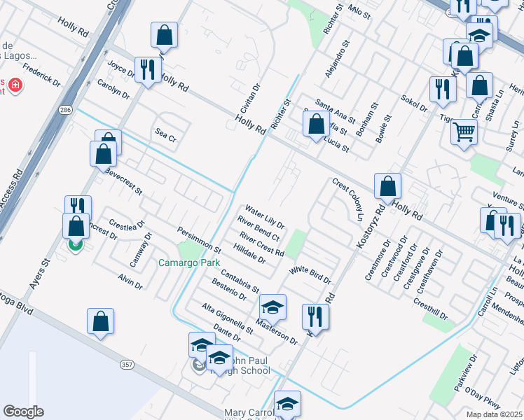 map of restaurants, bars, coffee shops, grocery stores, and more near 2930 Water Lily Drive in Corpus Christi