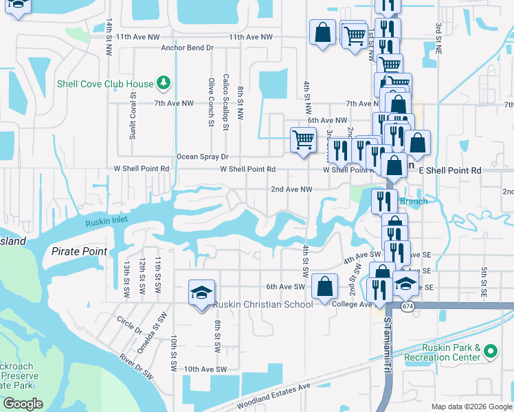 map of restaurants, bars, coffee shops, grocery stores, and more near 609 1st Avenue Northwest in Ruskin