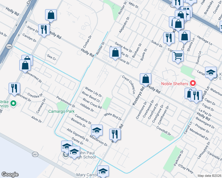 map of restaurants, bars, coffee shops, grocery stores, and more near 5817 Crest Pebble Drive in Corpus Christi