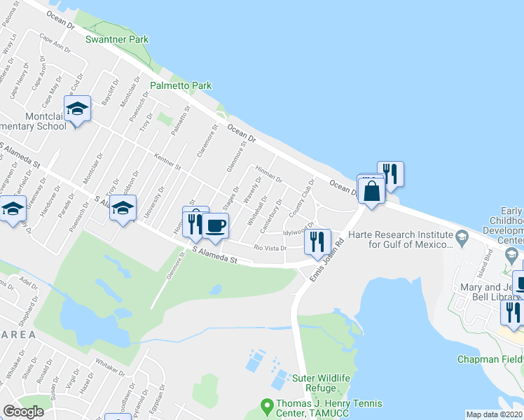 map of restaurants, bars, coffee shops, grocery stores, and more near 337 Whitehall Drive in Corpus Christi