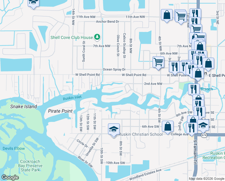 map of restaurants, bars, coffee shops, grocery stores, and more near 814 White Heron Boulevard in Ruskin