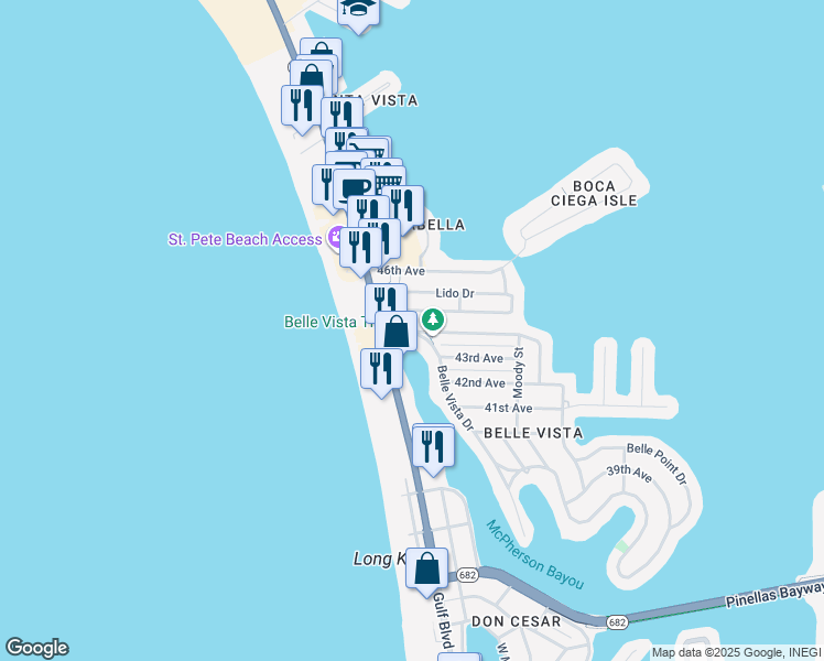 map of restaurants, bars, coffee shops, grocery stores, and more near 33 44th Avenue in St. Pete Beach