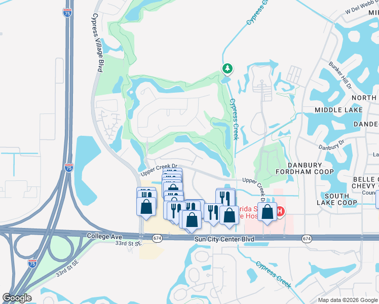 map of restaurants, bars, coffee shops, grocery stores, and more near 3775 Maxwell Park Drive in Sun City Center
