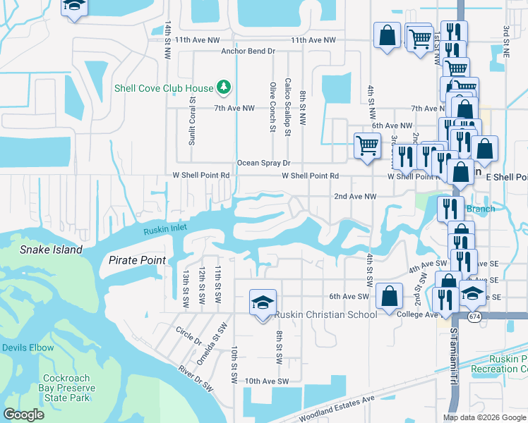 map of restaurants, bars, coffee shops, grocery stores, and more near 814 White Heron Boulevard in Ruskin