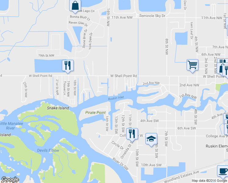 map of restaurants, bars, coffee shops, grocery stores, and more near 203 13th Street Northwest in Ruskin