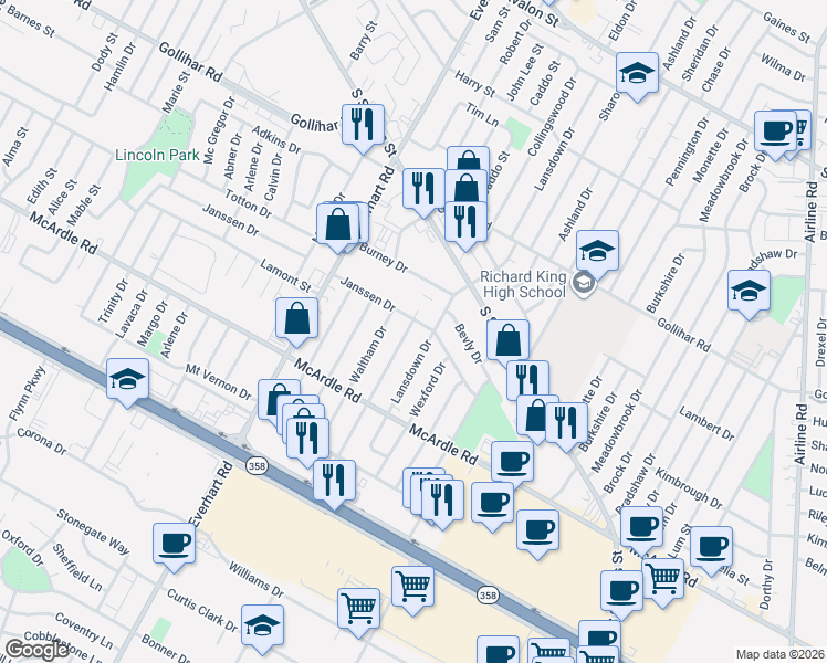 map of restaurants, bars, coffee shops, grocery stores, and more near 4709 Lansdown Drive in Corpus Christi