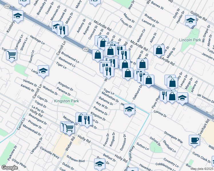 map of restaurants, bars, coffee shops, grocery stores, and more near 5220 Weber Road in Corpus Christi