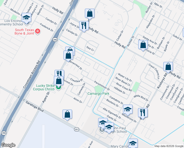 map of restaurants, bars, coffee shops, grocery stores, and more near 6030 Beardmore Drive in Corpus Christi