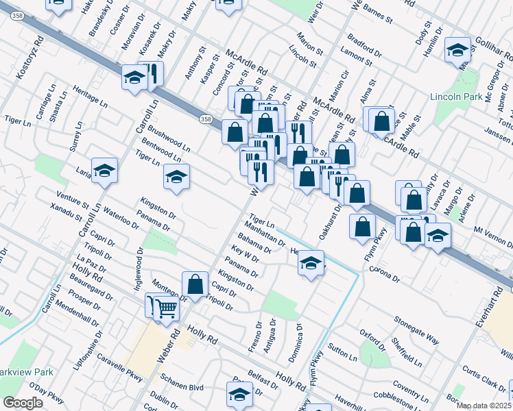 map of restaurants, bars, coffee shops, grocery stores, and more near 5220 Weber Road in Corpus Christi