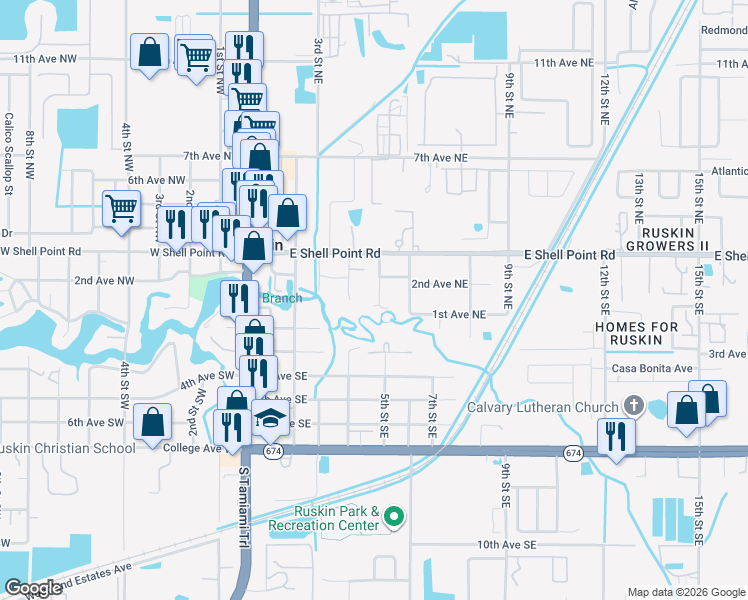 map of restaurants, bars, coffee shops, grocery stores, and more near 104 5th Street Northeast in Ruskin