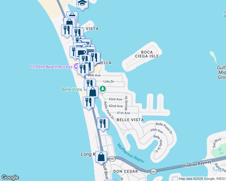 map of restaurants, bars, coffee shops, grocery stores, and more near 229 44th Avenue in St. Pete Beach