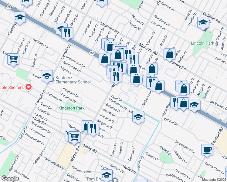 map of restaurants, bars, coffee shops, grocery stores, and more near 5220 Weber Road in Corpus Christi