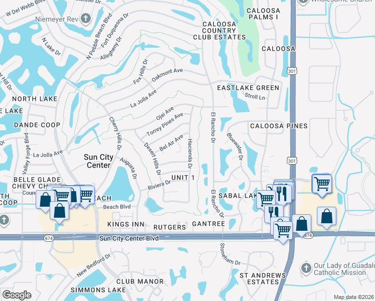 map of restaurants, bars, coffee shops, grocery stores, and more near 1204 Hacienda Drive in Sun City Center