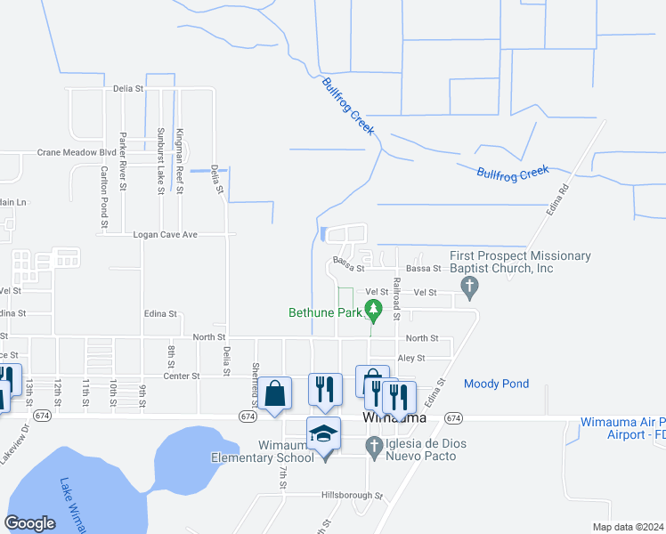 map of restaurants, bars, coffee shops, grocery stores, and more near 5742 Bassa Street in Wimauma