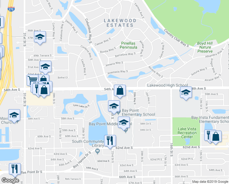 map of restaurants, bars, coffee shops, grocery stores, and more near 2173 55th Avenue South in St. Petersburg