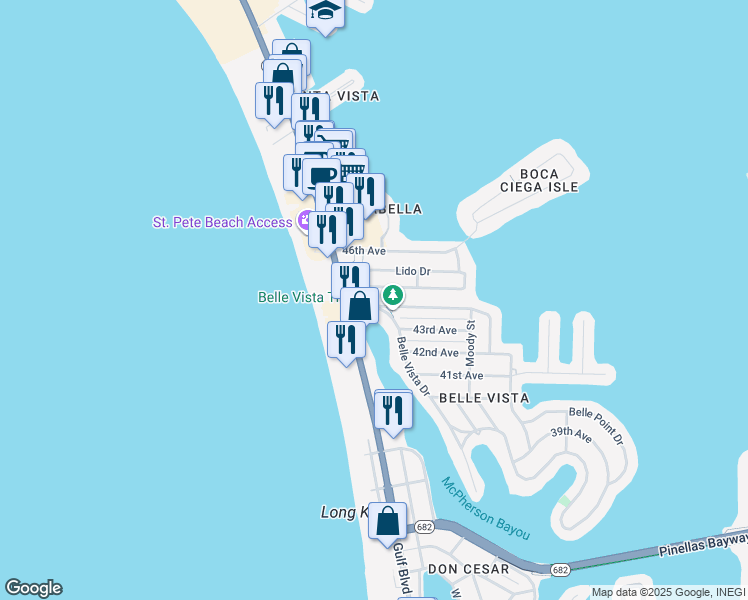 map of restaurants, bars, coffee shops, grocery stores, and more near 33 44th Avenue in St. Pete Beach