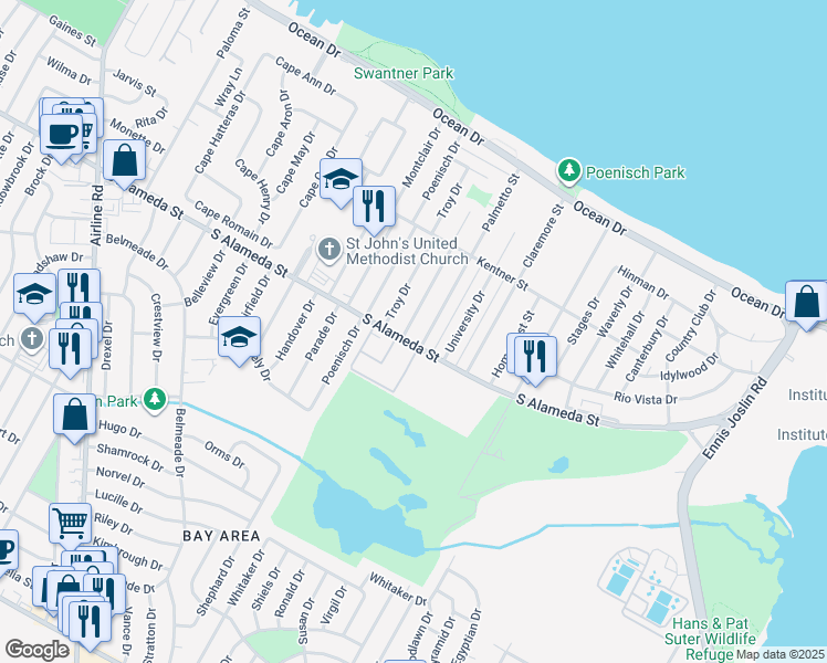 map of restaurants, bars, coffee shops, grocery stores, and more near 5445 South Alameda Street in Corpus Christi