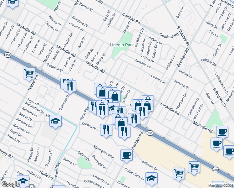 map of restaurants, bars, coffee shops, grocery stores, and more near 4930 Margo Drive in Corpus Christi