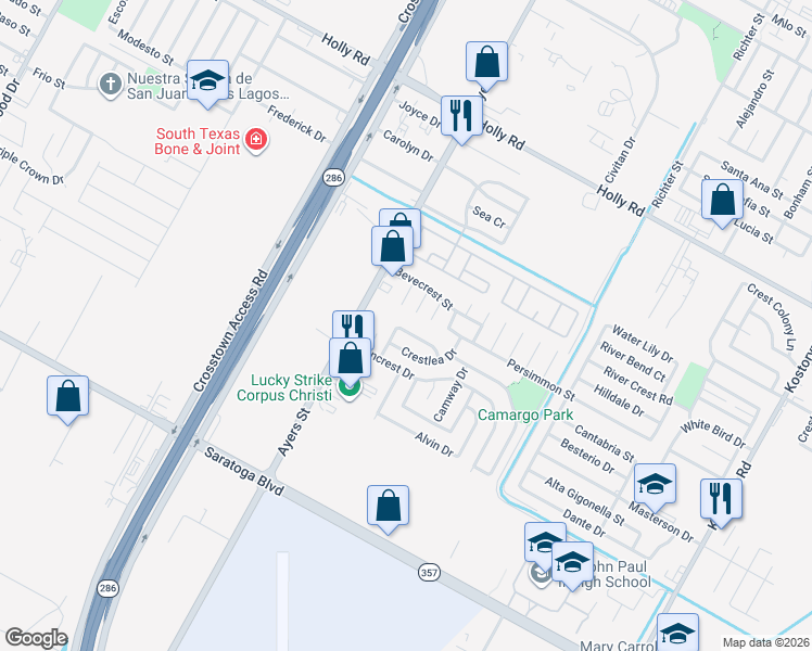 map of restaurants, bars, coffee shops, grocery stores, and more near 2513 Cresterrace Drive in Corpus Christi