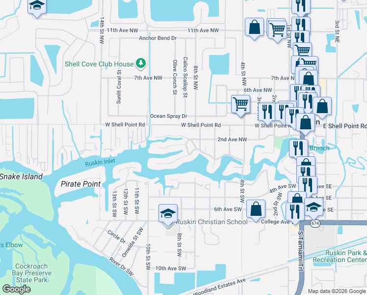map of restaurants, bars, coffee shops, grocery stores, and more near 809 Blue Heron Boulevard in Ruskin