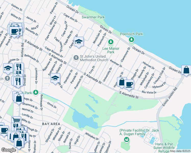 map of restaurants, bars, coffee shops, grocery stores, and more near 5445 South Alameda Street in Corpus Christi