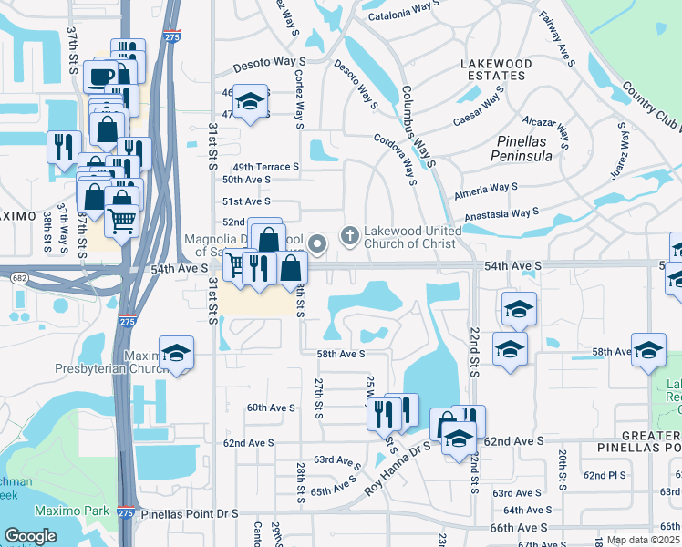 map of restaurants, bars, coffee shops, grocery stores, and more near 5473 27th Street South in Saint Petersburg