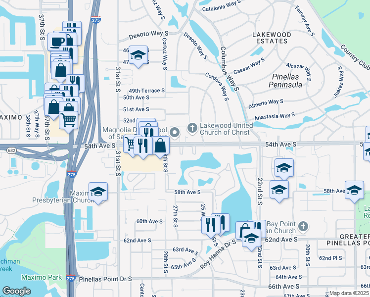 map of restaurants, bars, coffee shops, grocery stores, and more near 5473 27th Street South in Saint Petersburg
