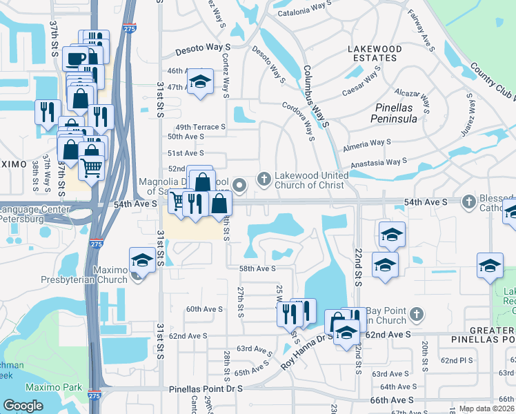 map of restaurants, bars, coffee shops, grocery stores, and more near 5491 27th Street South in St. Petersburg
