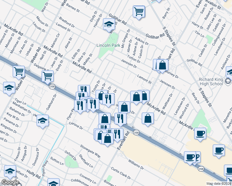 map of restaurants, bars, coffee shops, grocery stores, and more near 4921 Calvin Drive in Corpus Christi