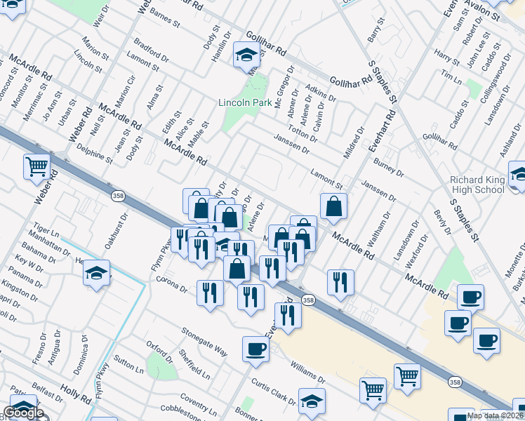 map of restaurants, bars, coffee shops, grocery stores, and more near 4921 Calvin Drive in Corpus Christi