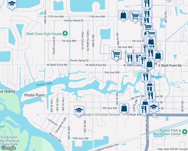 map of restaurants, bars, coffee shops, grocery stores, and more near 802 Blue Heron Boulevard in Ruskin