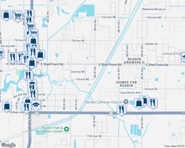 map of restaurants, bars, coffee shops, grocery stores, and more near 812 1st Avenue Northeast in Ruskin
