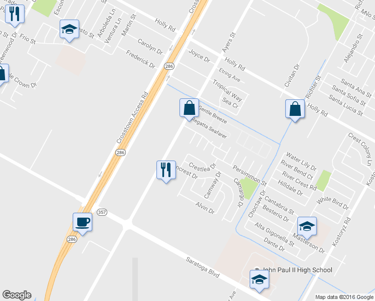 map of restaurants, bars, coffee shops, grocery stores, and more near 2513 Cresterrace Drive in Corpus Christi