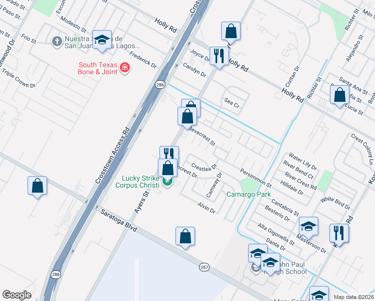 map of restaurants, bars, coffee shops, grocery stores, and more near 2513 Cresterrace Drive in Corpus Christi