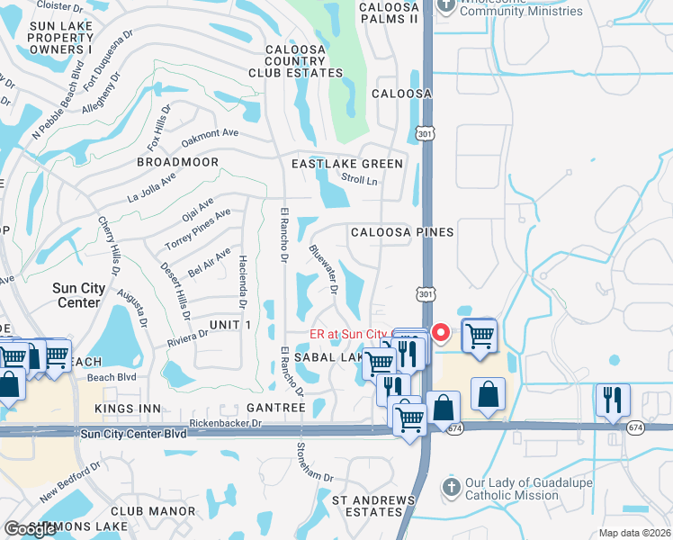 map of restaurants, bars, coffee shops, grocery stores, and more near 1207 Bluewater Drive in Sun City Center