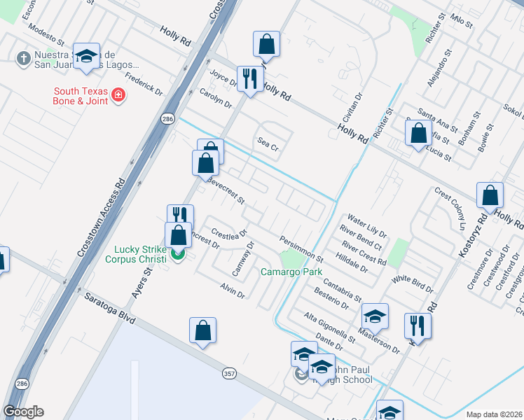 map of restaurants, bars, coffee shops, grocery stores, and more near 6030 Beardmore Drive in Corpus Christi
