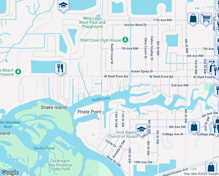 map of restaurants, bars, coffee shops, grocery stores, and more near 203 13th Street Northwest in Ruskin